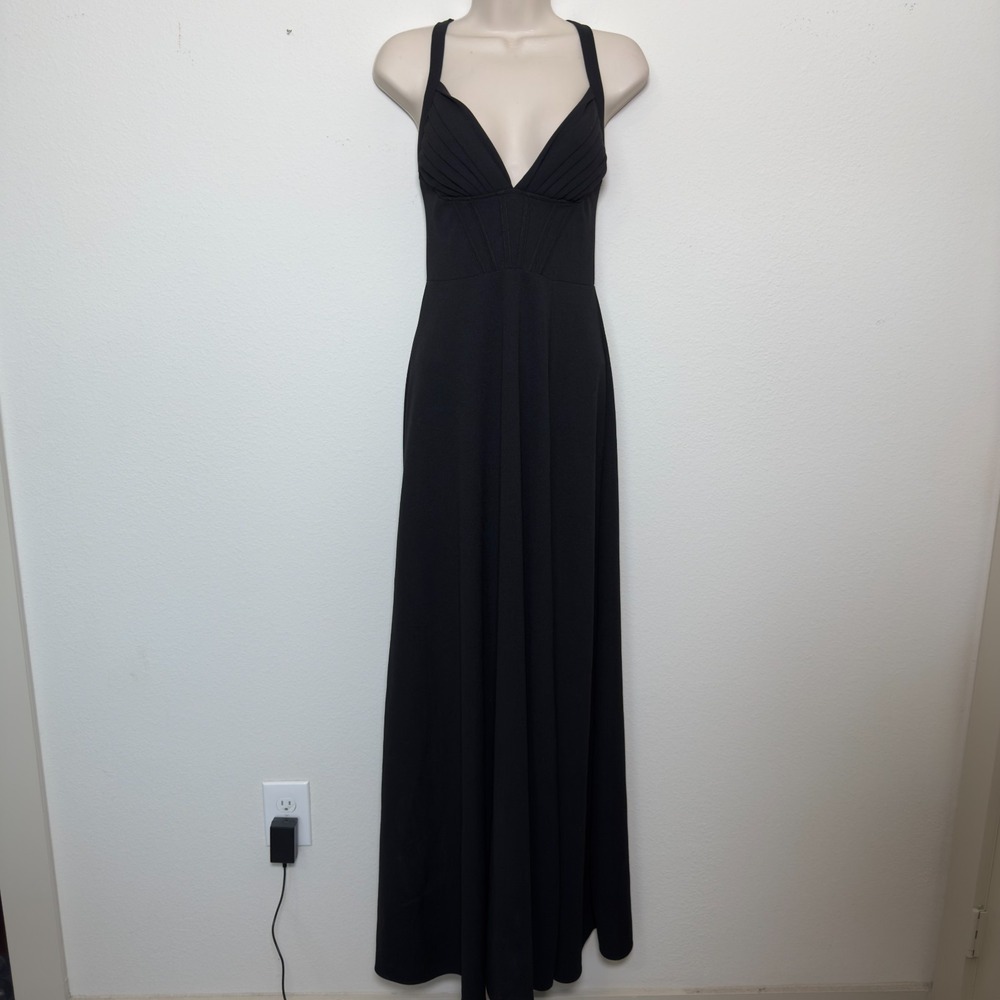 Windsor‎ Womens Dress S Black V-Neck Pleated Bust Corset Waist High Slit Maxi